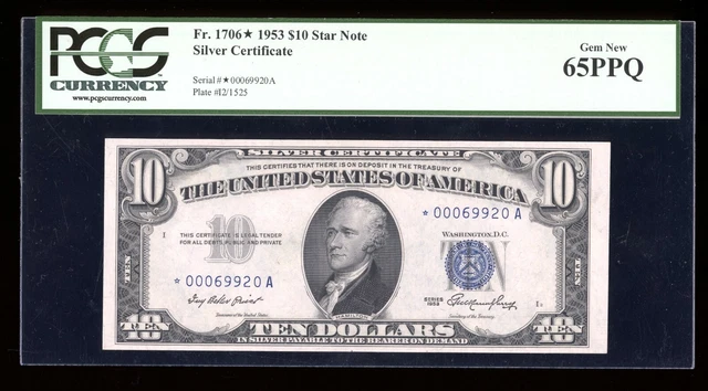 DBR 1953 $10 Silver STAR Gem Fr. 1706* PCGS 65 PPQ Serial *00069920A