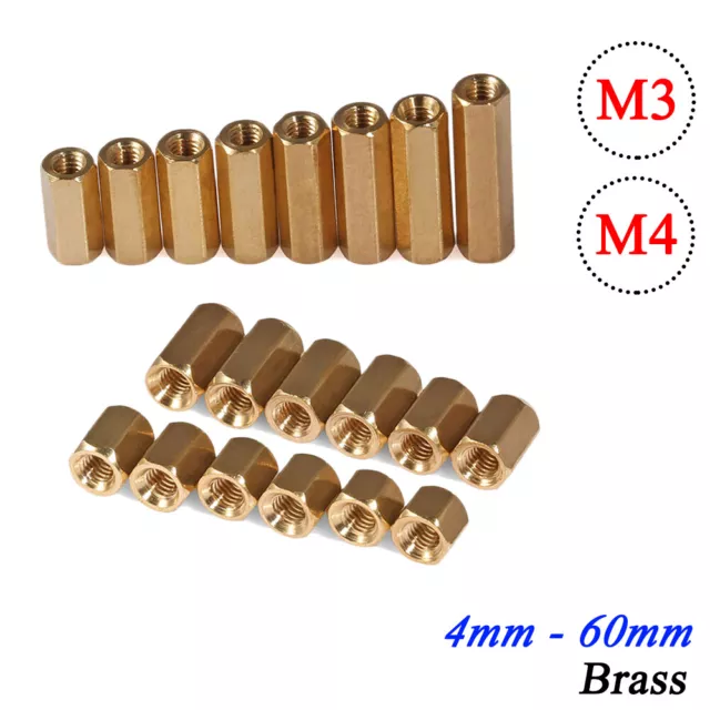M3, M4 Female Threaded Brass Hex Standoffs Spacers Pillars Nuts 4mm to 60mm Long