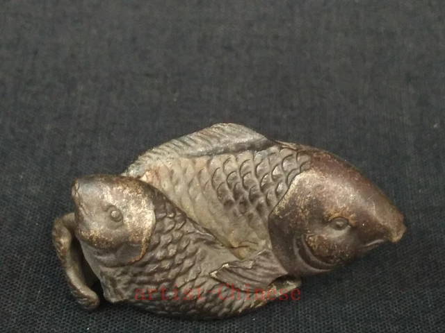 Collected Old Chinese Bronze Carving Lovely Fish Mother and Child Statue Pendant