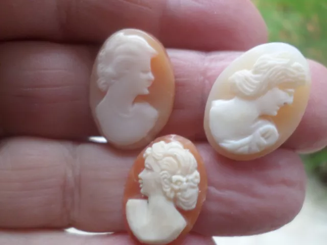 3 CAMÉES ANCIENS-COQUILLE et Agate -profil FEMME-lot-cameo