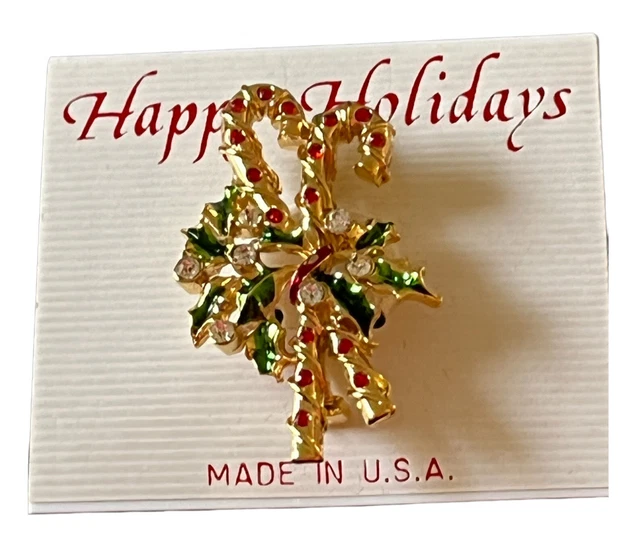 Vintage Rhinestone Enamel Christmas Candy Cane Brooch Scarf Pin Holly Berries