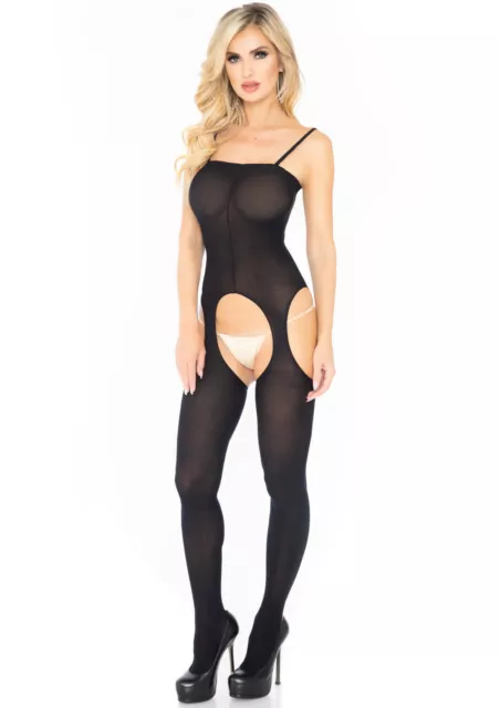 Tuta Catsuit Bodystocking Giarrettiera Velata Opaca Nera con Spalline Sottili