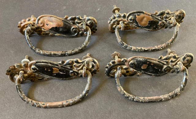 4 Antique Victorian Ornate Metal / Brass Drawer Pulls with Drop Bail Handles ~