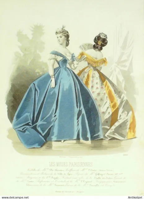Gravure Modes parisiennes 1864 n°1091 Toilettes velours brodée de rubans