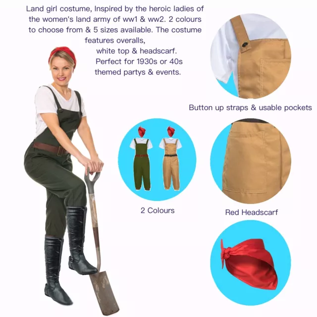 WW2 1940s Land Girl Womens Army World War 2 Fancy Dress Costume Dig for victory 2