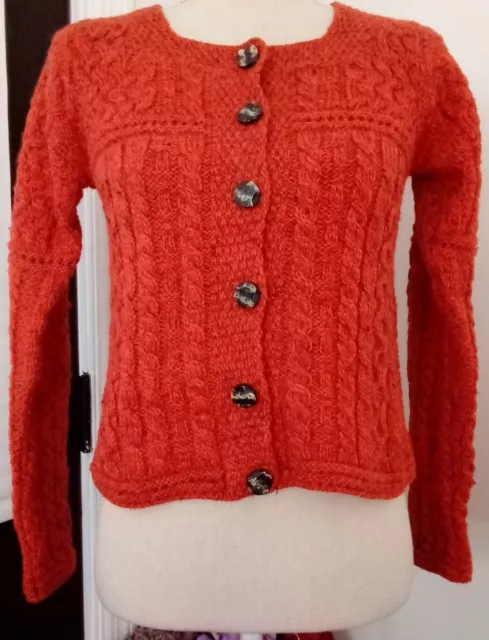 Carraig Donn Womens Small Cardigan Sweater Orange 100% New Wool Ireland Cable 2
