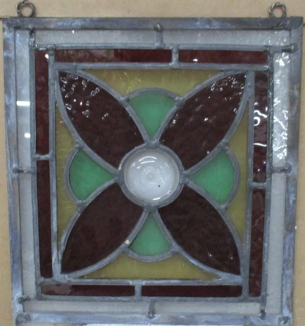 OLD ENGLISH LEADED STAINED GLASS WINDOW Unframed w Hooks Floral 9.5" x 10.5"