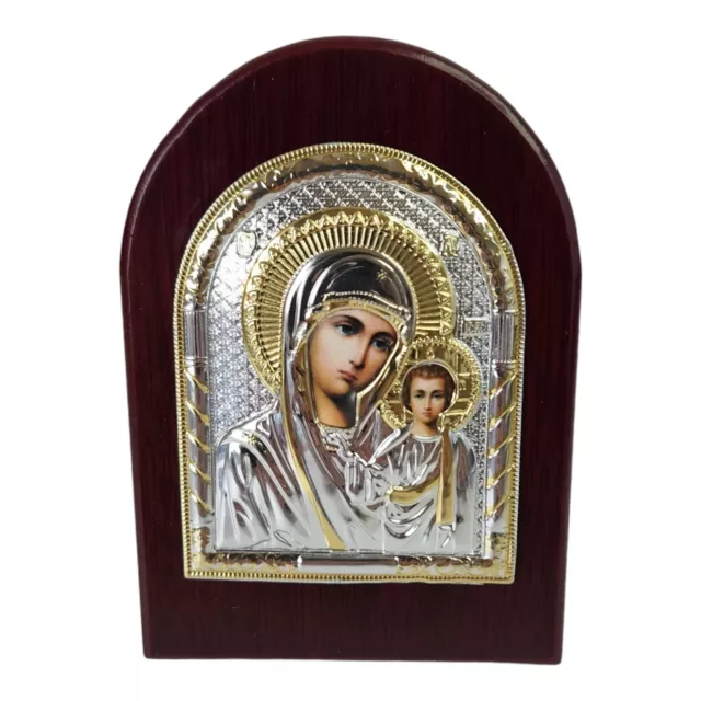 Orthodox Silver Gold Plated Mother Mary & Jesus Religious Icon Red Wood Frame