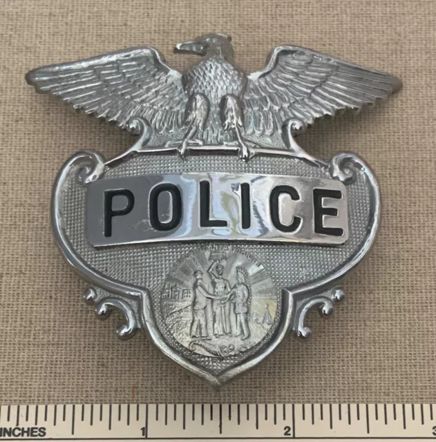 Vintage Obsolete POLICE Silver HAT BADGE Law Enforcement Uniform - Oklahoma