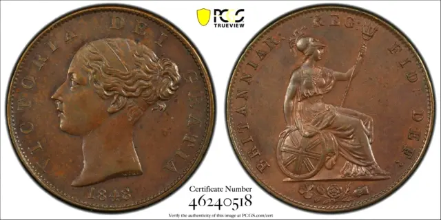Great Britain Uk England 1848/7 Half Penny " Super Rare Error Overdate "Gem Ms62