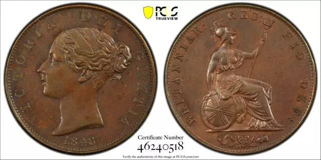 Great Britain Uk England 1848/7 Half Penny " Super Rare Error Overdate "Gem Ms62