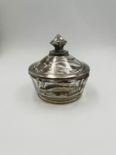 Vintage Sterling Silver Overlay Lidded Glass Trinket Bowl/Candy Dish