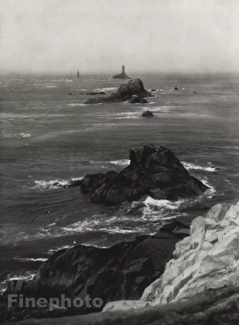 1927 Vintage FRANCE Pointe du Raz Atlantic Lighthouse Seascape Art By HURLIMANN
