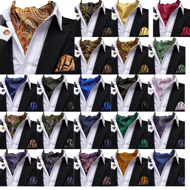 Mens Cravat Set Silk Paisley Vintage Scarf Blue Gold Red Black Wedding Ascot Tie