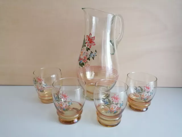 Alte Glaskanne mit 4 Gläser,Wasserkanne, Saftkanne  Blumendekor