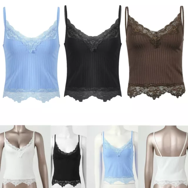 Womens Crop Top Lace Trim V Neck Vest Cami Sleeveless Ribbed Vacation Tank Tops