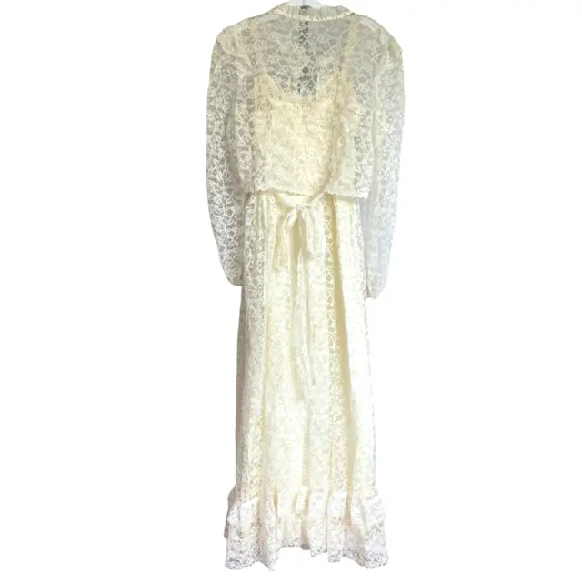 VINTAGE PEGNOIR NEGLIGEE Size Small Nightgown Cape Set Bust Lace Cream ...