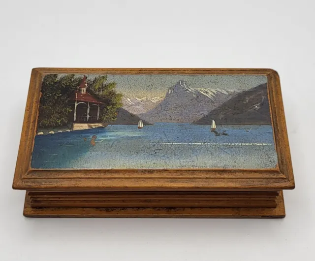 Vintage Handpainted Wooden Stamp Box 10.3cm x 5.5cm x 2cm Mountains & Lake Scene