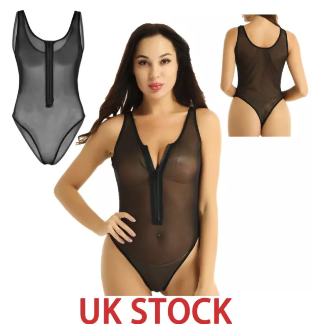 UK Black Sexy Womens Lingerie One-piece See Through Sheer Mesh High Cut Bodysuit