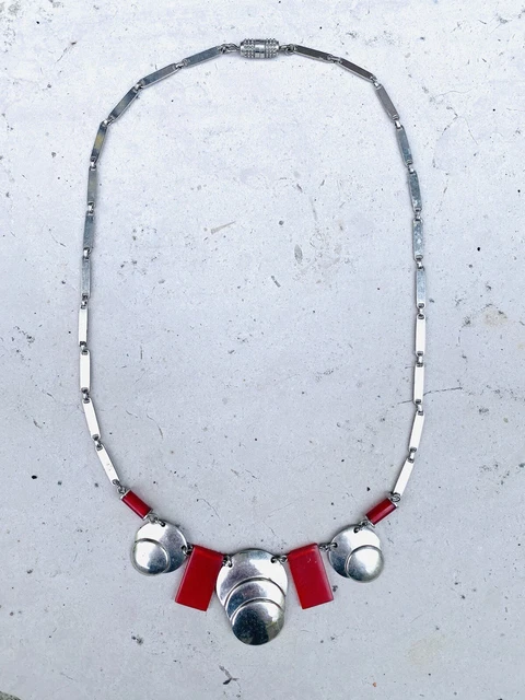 Collier Art Déco Jakob Bengel Années 1930 - Galalithe Rouge Orangé - Laiton - Occasion