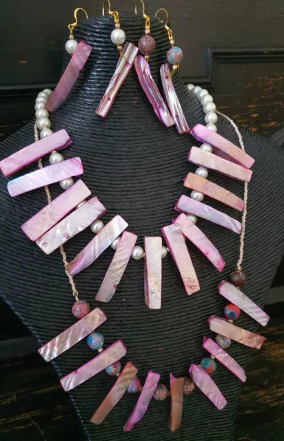 Handcrafted Pink Mother Of Pearl Shell Extendable Necklaces And Earings