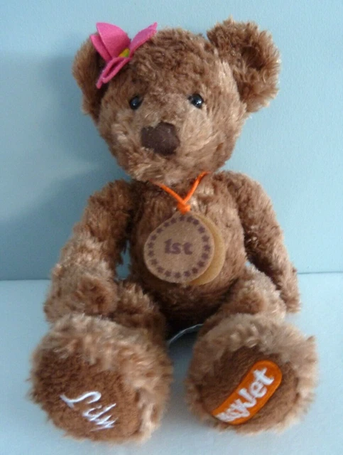 J7. DOUDOU PELUCHE OURS Easy Jet LILY marron 1ST noeud rose 28cm - TTBE