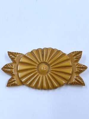 Vintage Carved Butterscotch Bakelite Flower Pin Brooch Yellow Floral Daisy