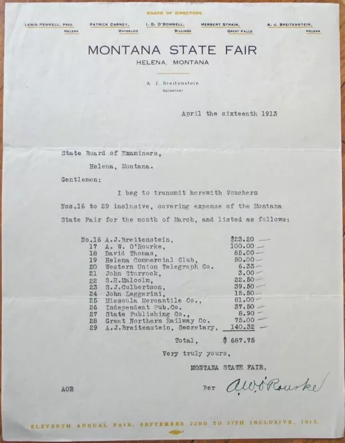 Helena, MT 1913 Letterhead: 'Montana State Fair' - Mont