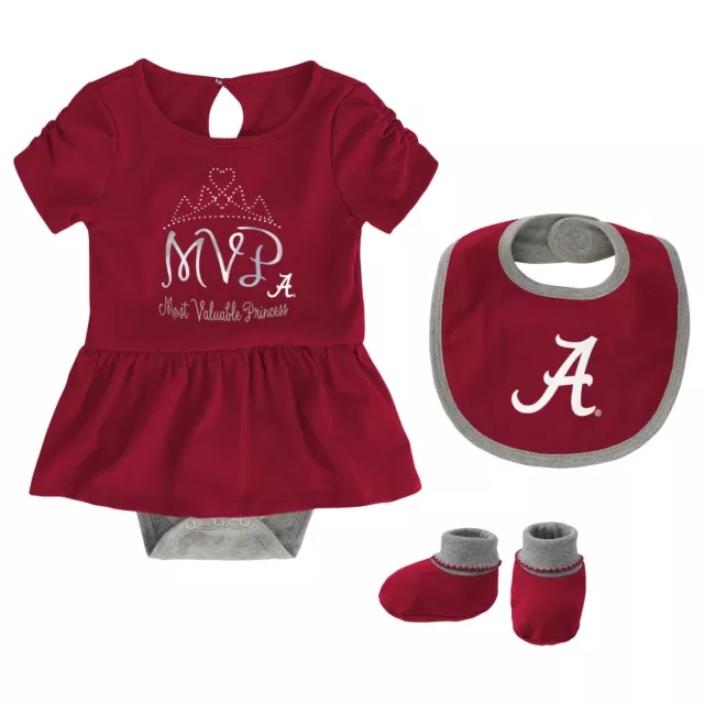 Outerstuff NCAA Infant Girls Alabama Crimson Tide MVP Creeper, Bib & Bootie Set