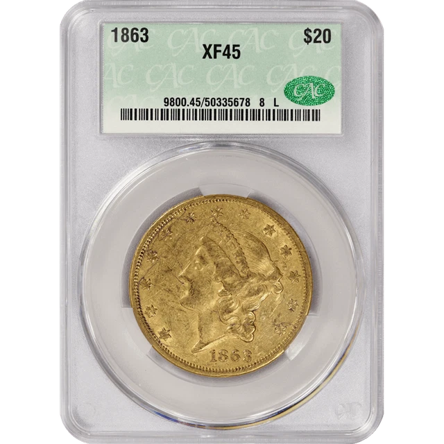 1863 Liberty Head $20 Gold Double Eagle,  CACG XF-45 CAC - Civil War Date, PQ+