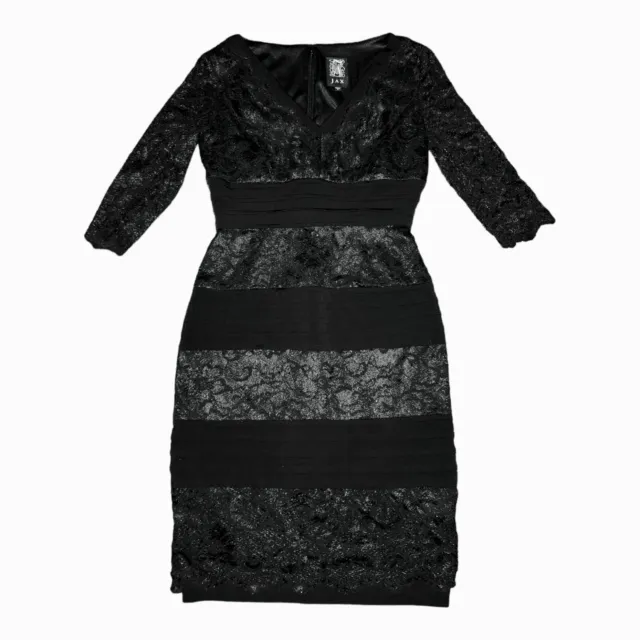 Jax Size 2 Black Lace Zip Up Half Lace Sleeve V Neck Formal Bodycon Dress