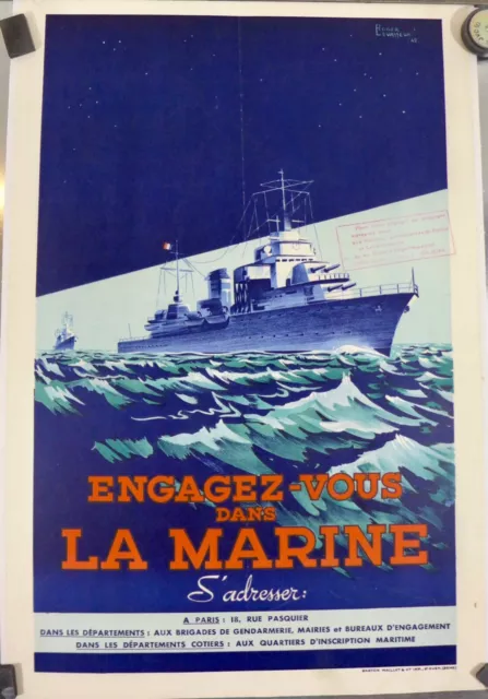 Affiche ancienne 1942 Engagez vous dans la marine Roger Levasseur entoilée