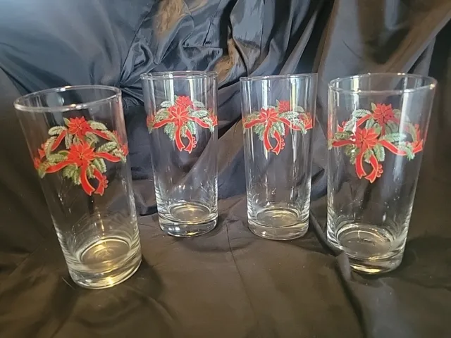 Vintage Anchor Hocking Poinsettia & Ribbons 4pc Iced Tea Glasses 15 oz Christmas