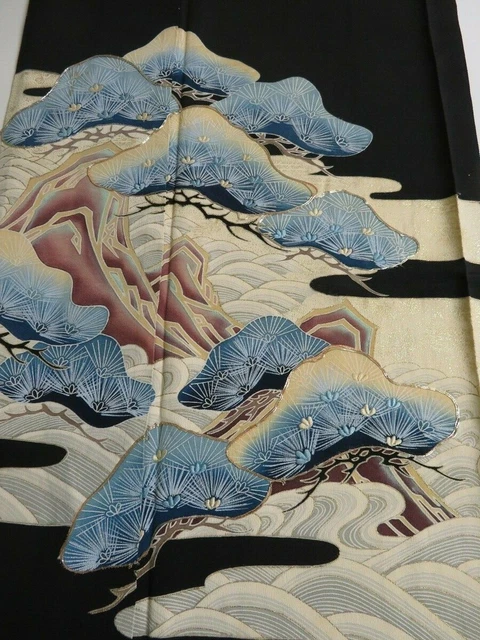 2S01z100 Vintage Japanese Kimono Silk  FABRIC Black Pine, Wave 47.2"