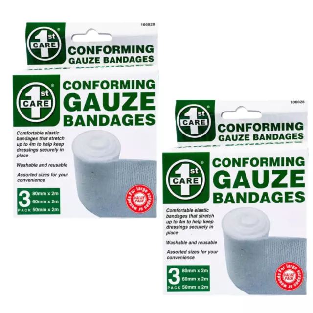 6pk 1st Aid Care Gauze Bandages  Rolls Conforming Elastic 3 Size Reusable Set