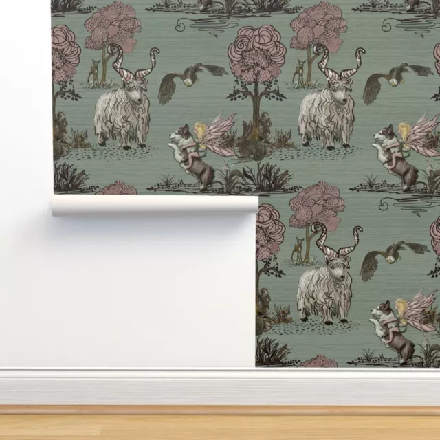 Removable Water-Activated Wallpaper Fantasy Woodland Welsh Corgi Fairies Animals