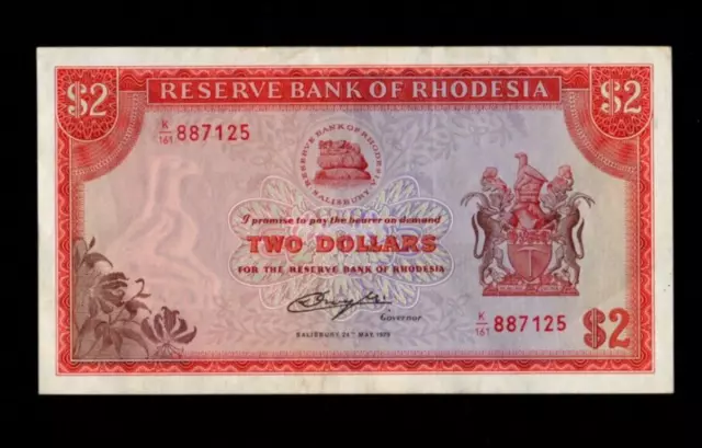 Reserve Bank Of Rhodesia 2 Dollars 1979 Banknote Very Fine/Ref D2