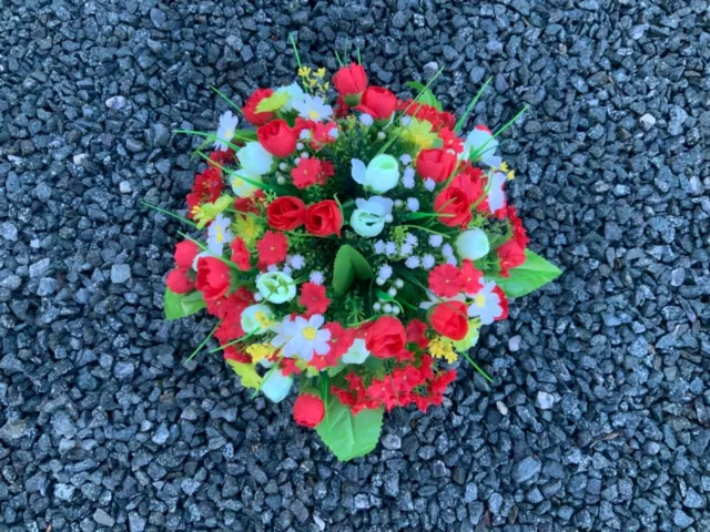 artificial red mini tulip flower  arrangement in grave/memorial/crem pot