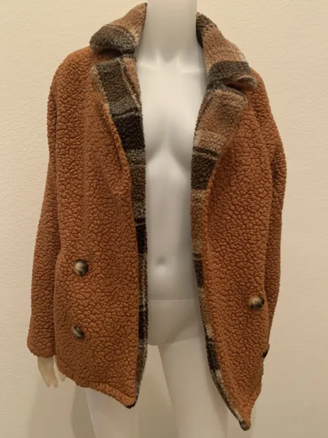 SALE Women's Caramel Brown w/ Plaid Trim Fleece Jacket, Size M, Pre-Owned