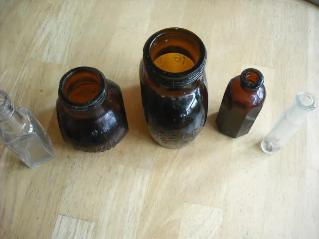 Old glass bottles/jars vintage/antique 1900's 2x clear 3x brown, collectibles