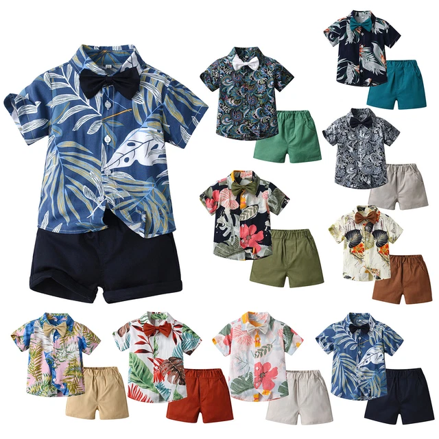 FEESHOW Baby Jungen Sommer Hawaii Gentleman Anzug Kurzarm Hemd Tops+ Shorts Set