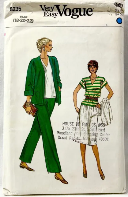 1990s Vogue Sewing Pattern 8235 Womens Jacket Top Pants Skirt Size 18-22 12069