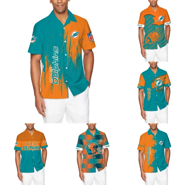 Miami Dolphins Mens Casual Button Down Shirt Summer Short Sleeve Collared Tops