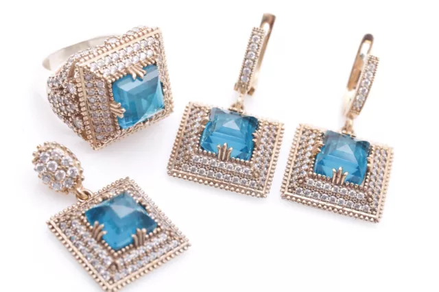 Turkish Handmade Jewelry Square Shape Princess Cut Shape Ocean Blue Topaz Set