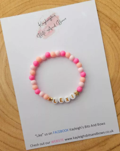 Children's Personalised Bracelet Pink Gold Colourful Beaded Girls Boys