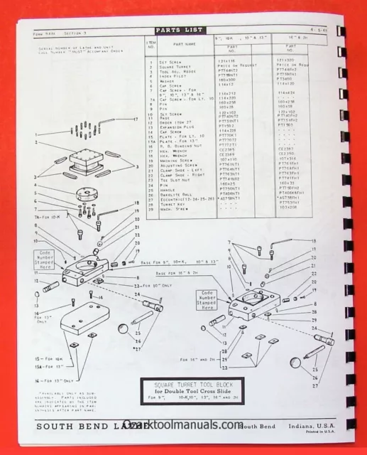 SOUTH BEND  9" & 10K "Light 10" Metal Lathe ACCESSORIES Parts Manual 0678 2