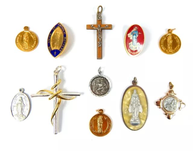 Collection of Religious Christian Icons Pendants Pins Broaches Badges Crosses _