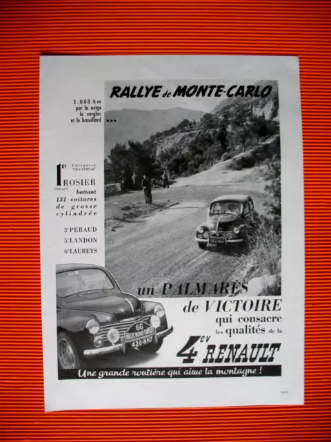 Publicite De Presse Renault 4 Cv Auto Rallye De Monte Carlo Palmares Ad 1949