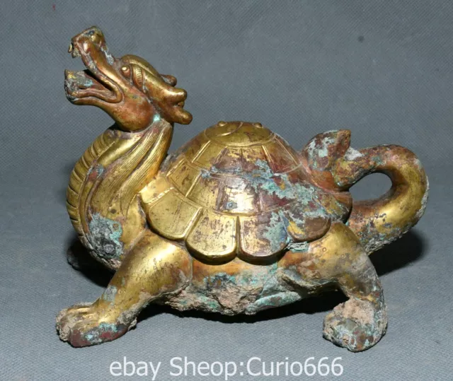 Old Chinese Bronze Ware Gold Dragon Loong Turtle Tortoise Animal Bagua Statue