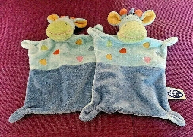 S18 / lot 2 doudou plat vache girafe bleu vert MOTS D'ENFANTS